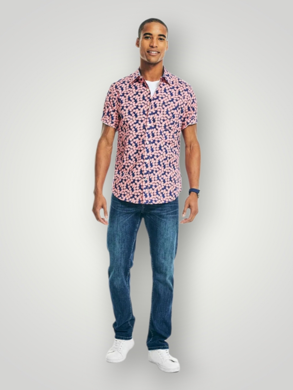 Nautica Classic Fit Stretch Short Sleeve Button Down Shirt XL Navy Floral Cherry